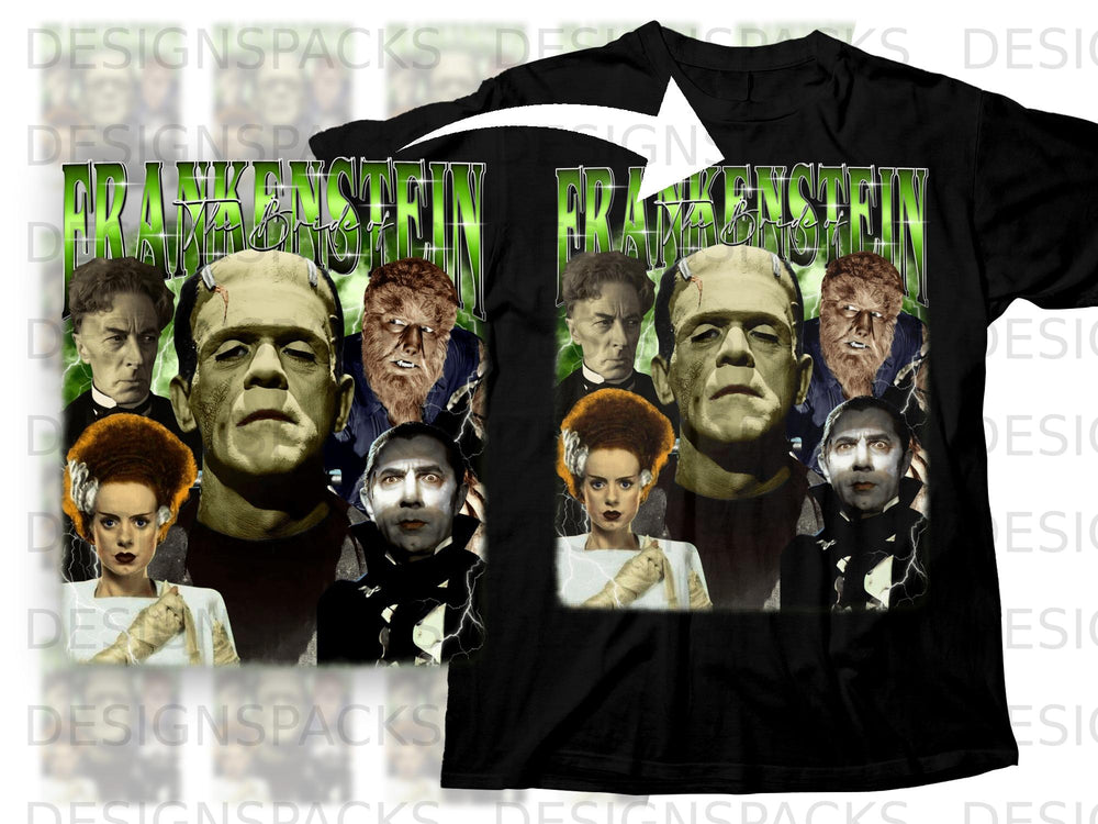 Frankenstein, Bride of Frankenstein, Wolfman, and Dracula characters collage on a t-shirt.