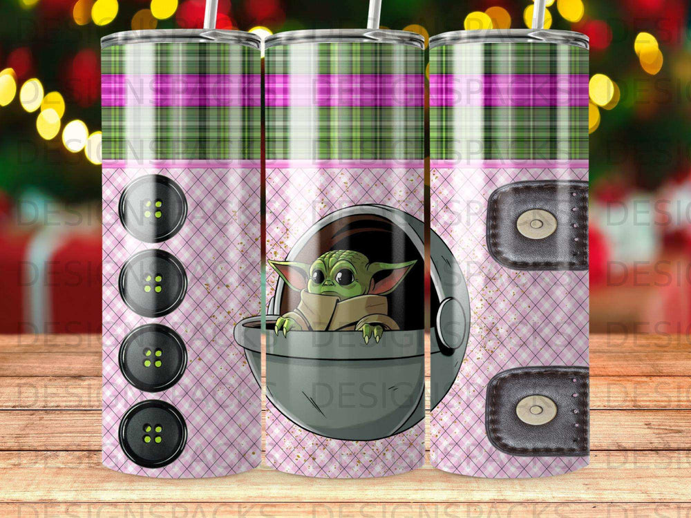 Green alien in a pod with buttons and plaid background.