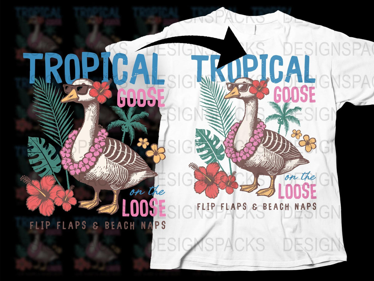 Tropical Goose T-Shirt, Quirky Bird and Floral Design, Beach Theme Casual Wear, Unique Graphic Tees for Summer