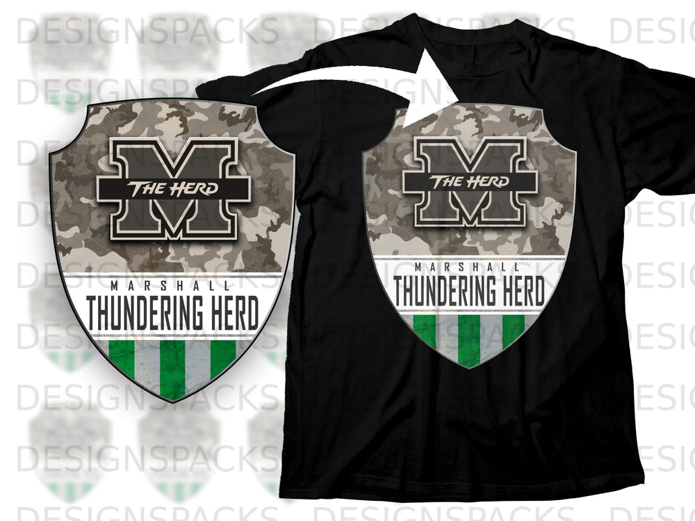 Black t-shirt with a shield design featuring a camouflage pattern and "Marshall Thundering Herd" text.