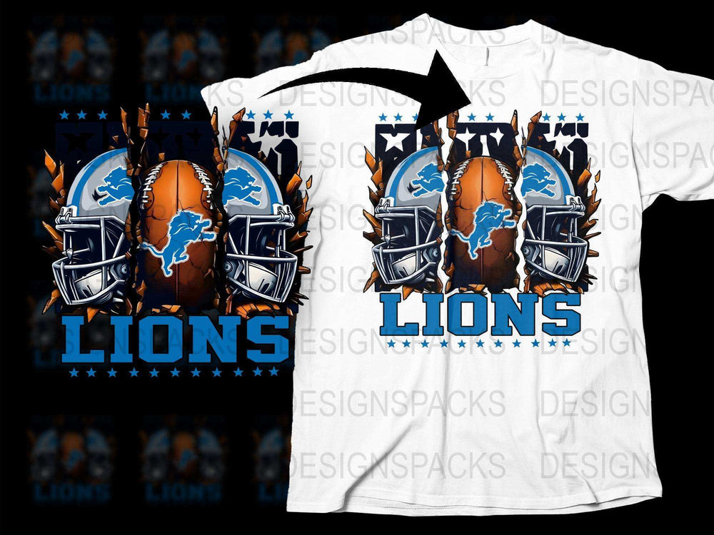 Lions Football Helmet Graphic T-Shirt, Sports Team Fan Apparel, Blue and White Casual Wear