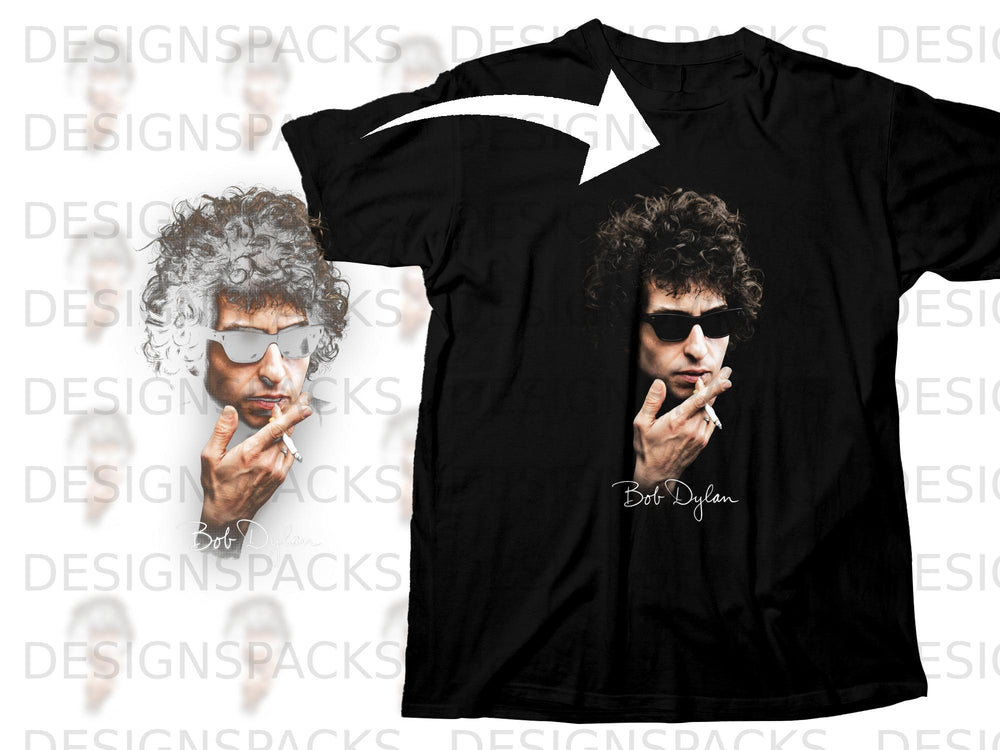 Black t-shirt with a black and white portrait of Bob Dylan smoking a cigarette.