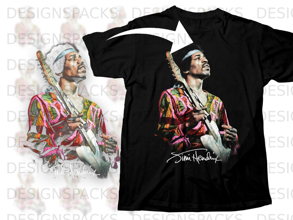 Black t-shirt with colorful Jimi Hendrix graphic and signature.