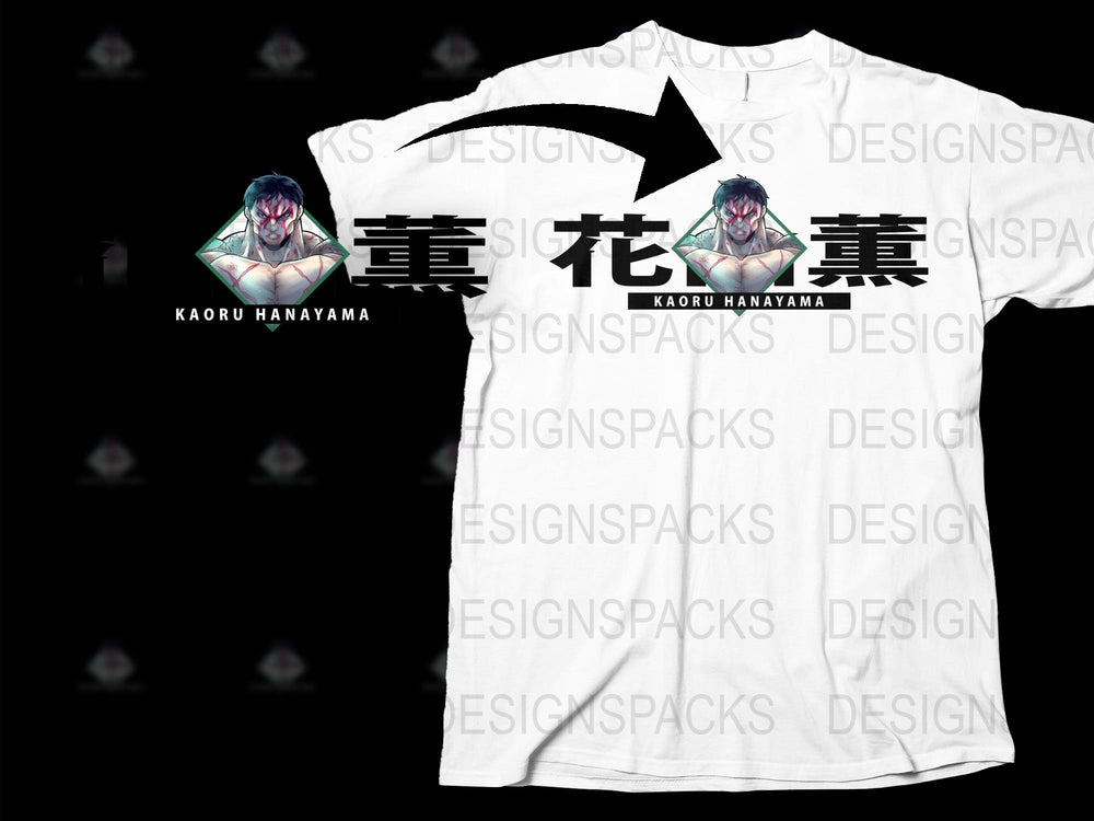 Anime Graphic T-Shirt, Kaoru Hanayama Design, Japanese Text, White Tee, Unique Manga Art Apparel