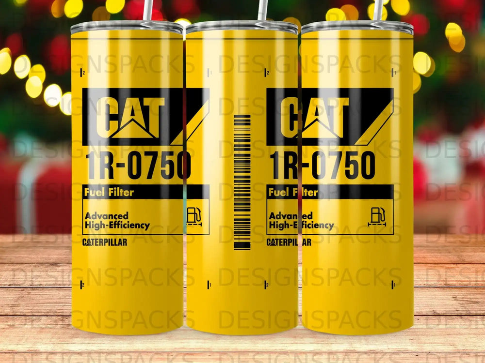 Yellow tumbler with "CAT 1R-0750 Advanced High-Efficiency Fuel Filter Caterpillar" text.