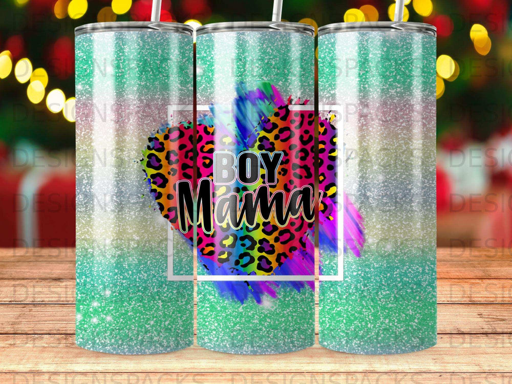 Heart graphic with "Boy Mama" text on a glittery tumbler.