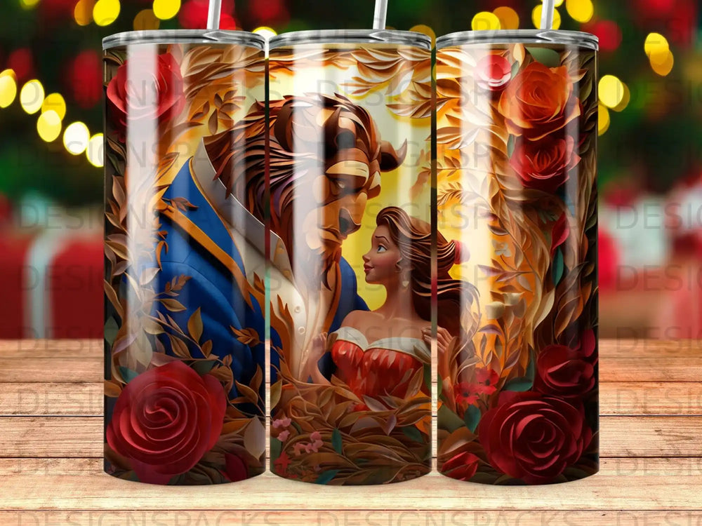 Beast and Belle embrace among roses in this Beauty and the Beast artwork.