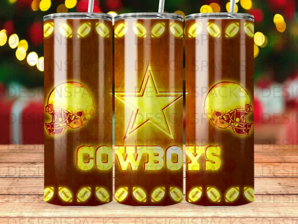 Yellow and brown tumbler with "Cowboys" text and football helmet graphic.