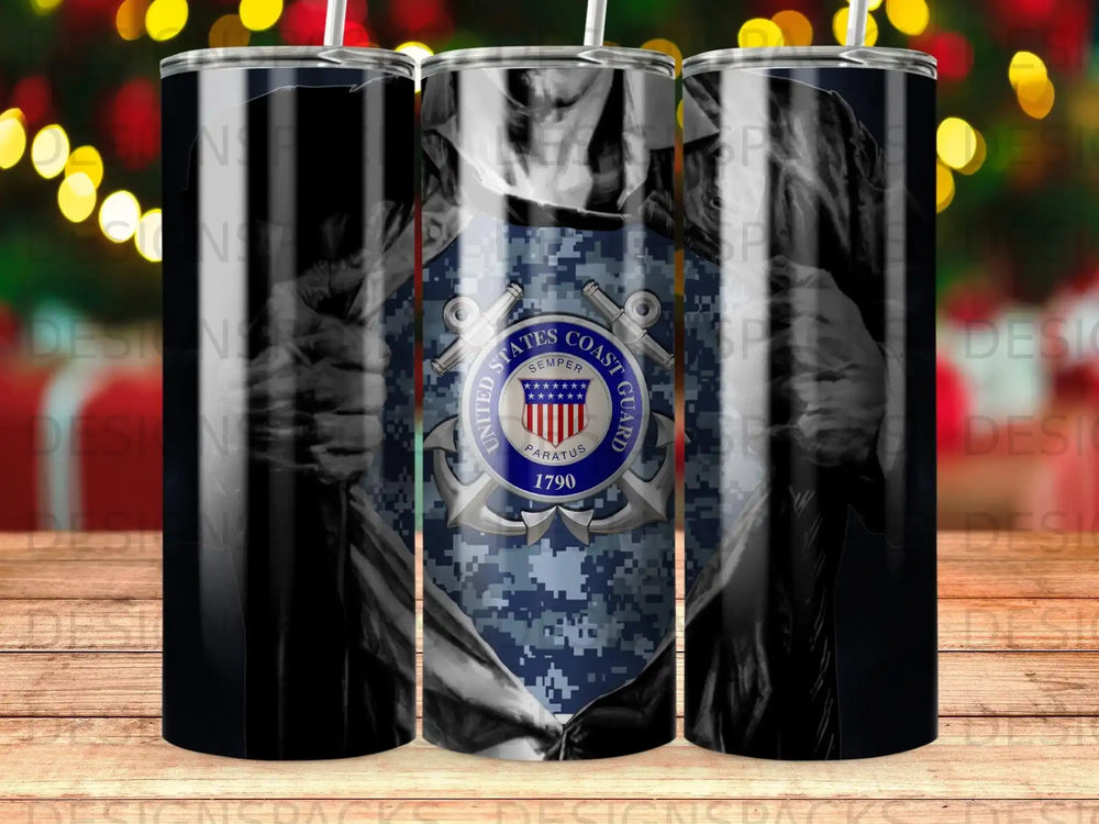 United States Coast Guard logo on a camouflage-patterned tumbler.