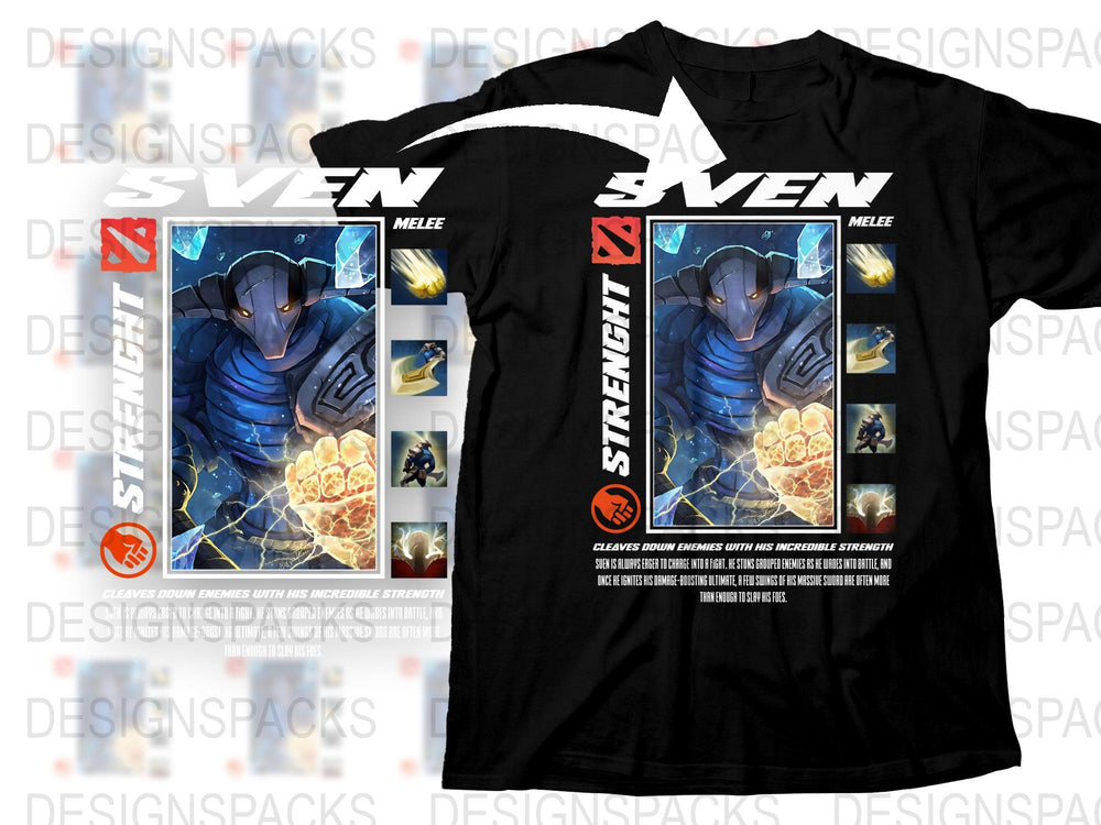 Sven Dota 2 T-Shirt, Gaming Graphic Tee, Black Cotton Shirt, Melee Hero Design, Strength Attribute, Unisex Apparel
