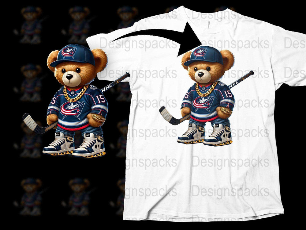 Kids Hockey T-Shirt with Cartoon Bear, Blue Sports Team Jersey Design, Cute Animal Graphic Tee for Children