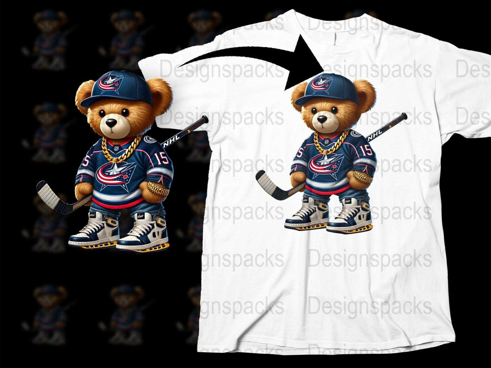 Kids Hockey T-Shirt with Cartoon Bear, Blue Sports Team Jersey Design, Cute Animal Graphic Tee for Children