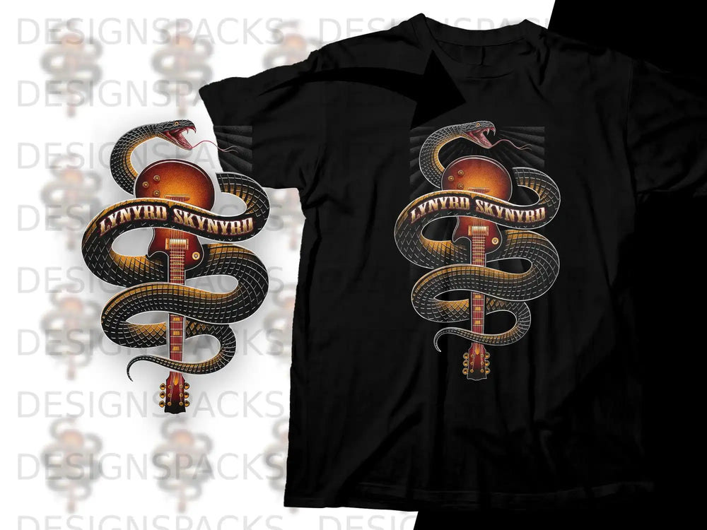 Black t-shirt with a coiled snake and guitar on the front.