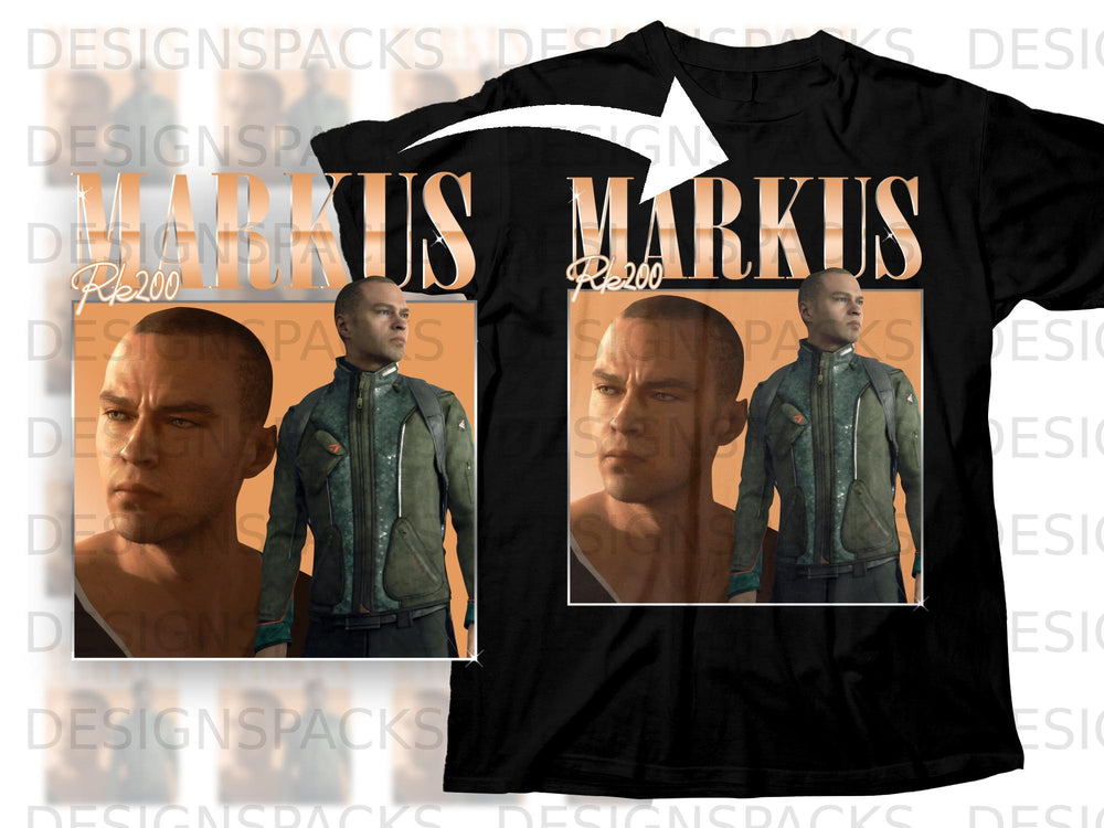 Black t-shirt mockup featuring "MARKUS Rk200" with two portraits of the character.