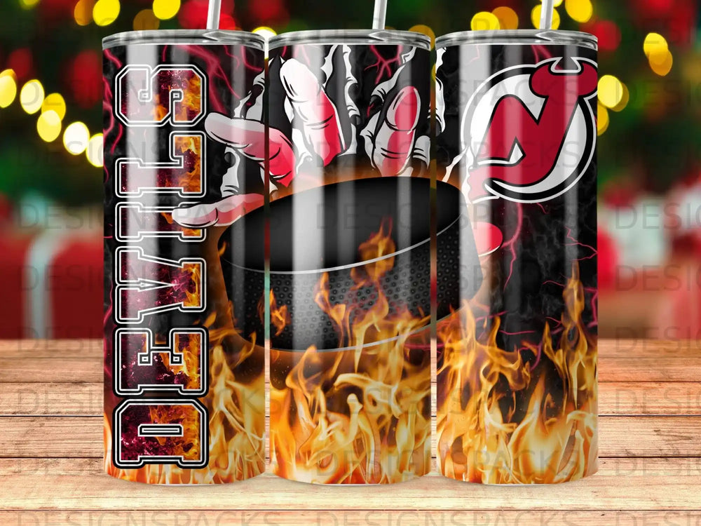 New Jersey Devils hockey puck with flames and team name.