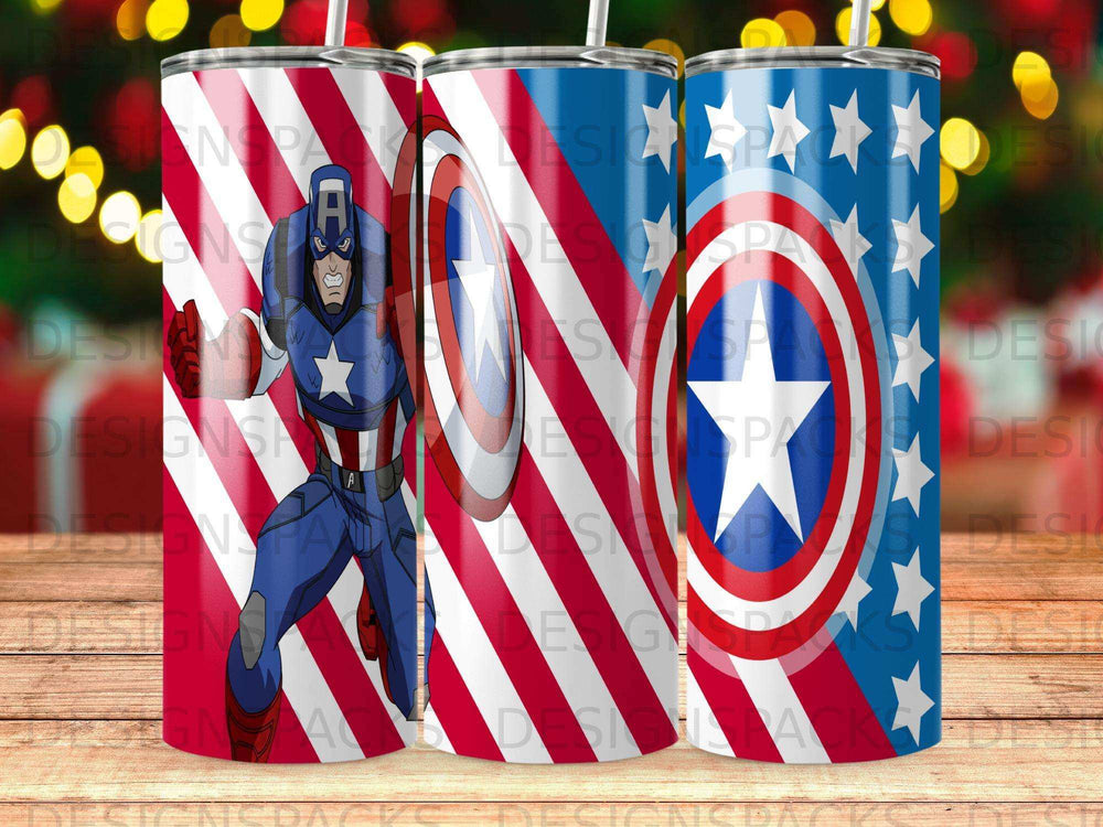 Captain America's shield and costume design on a patriotic tumbler.