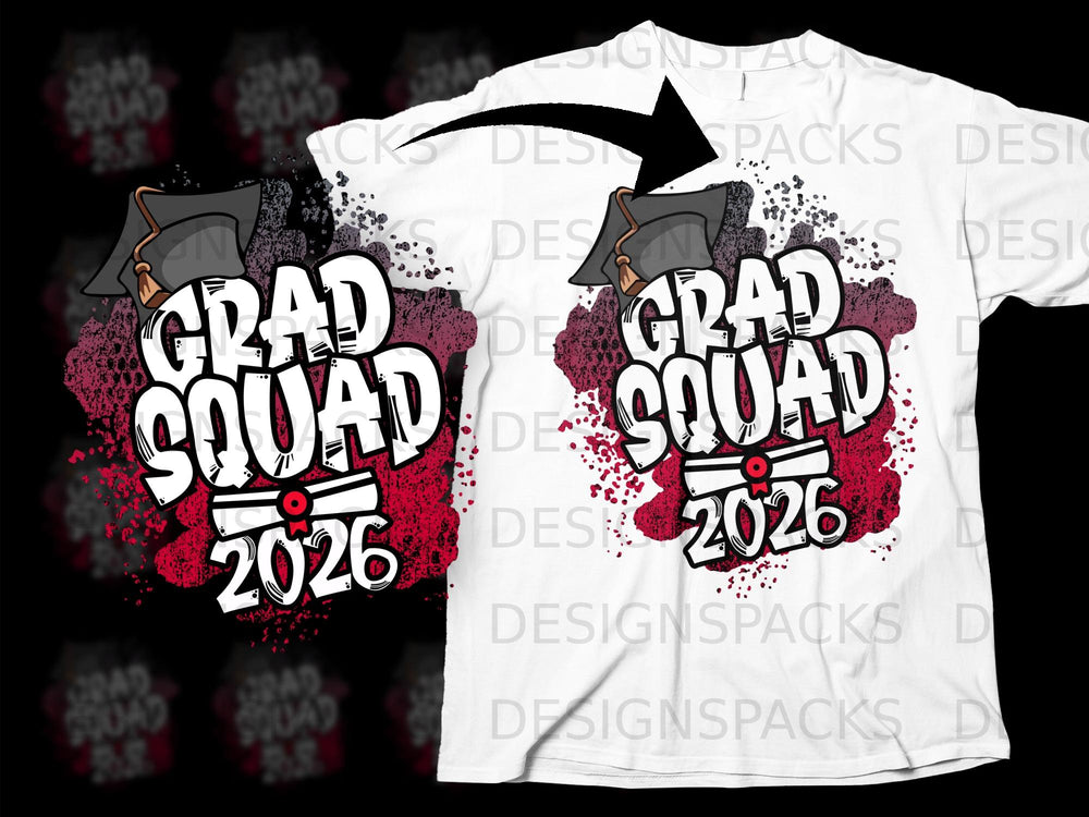 White t-shirt with "GRAD SQUAD 2026" graphic in bold lettering.