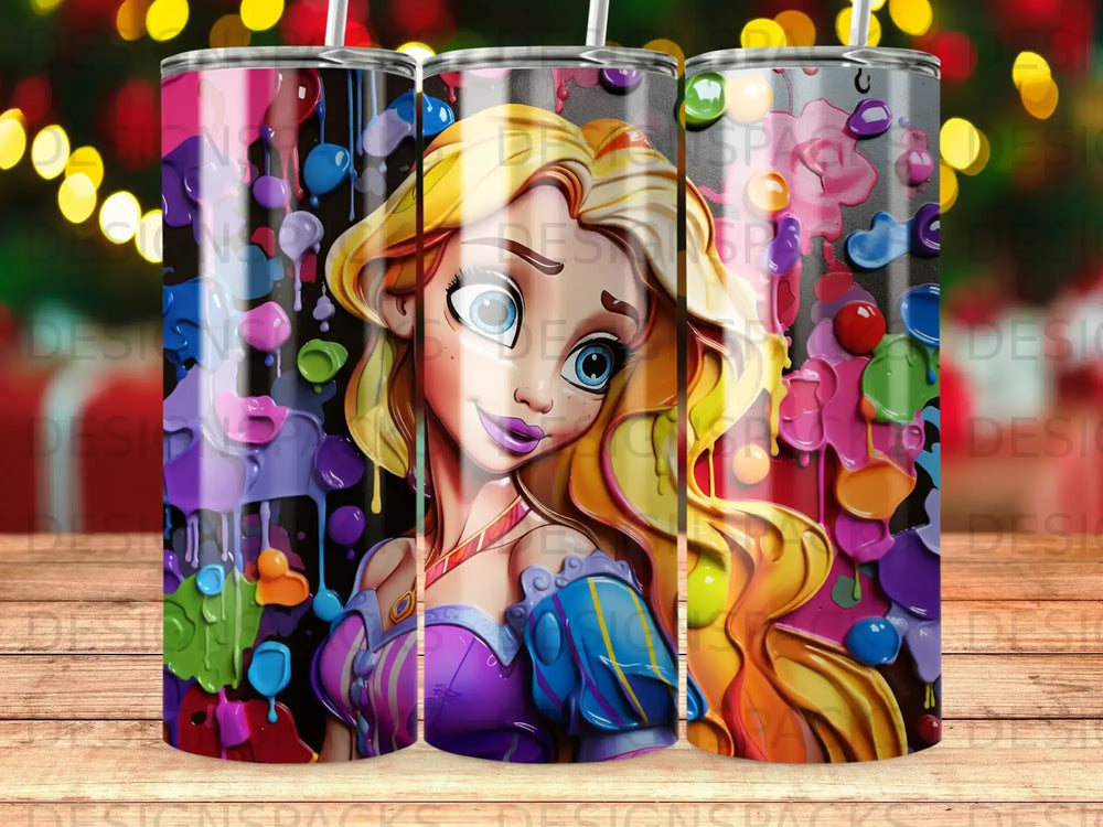Cartoon girl with blonde hair and blue eyes, colorful paint splatters.