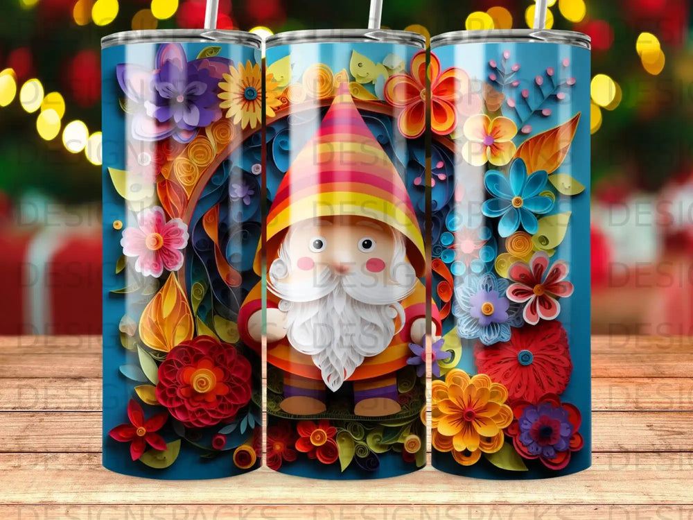 Gnome with flowers and colorful patterns on a blue background.