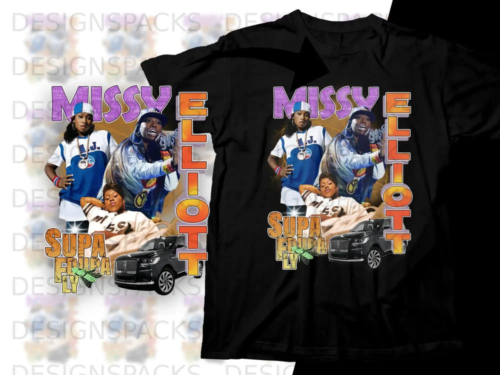 Missy Elliott "Supa Dupa Fly" album cover art on black t-shirt.