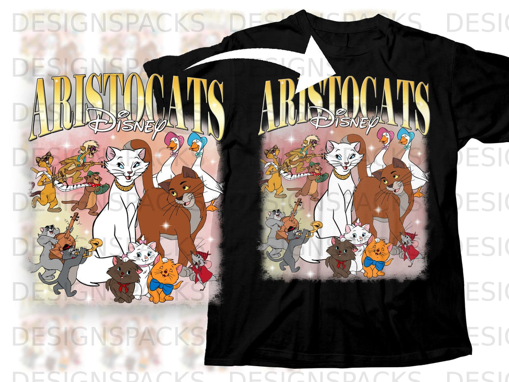The Aristocats Disney characters are depicted on a black t-shirt with a faded background.