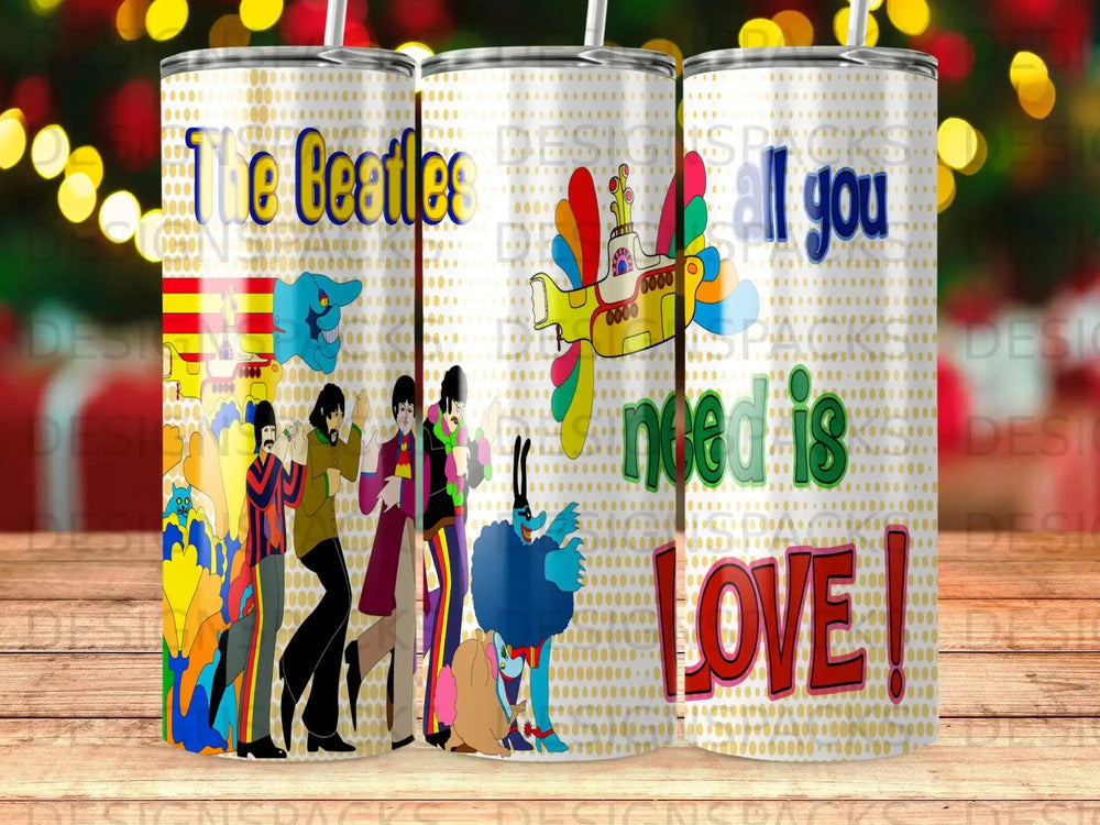 The Beatles cartoon characters and "All you need is LOVE!" text.