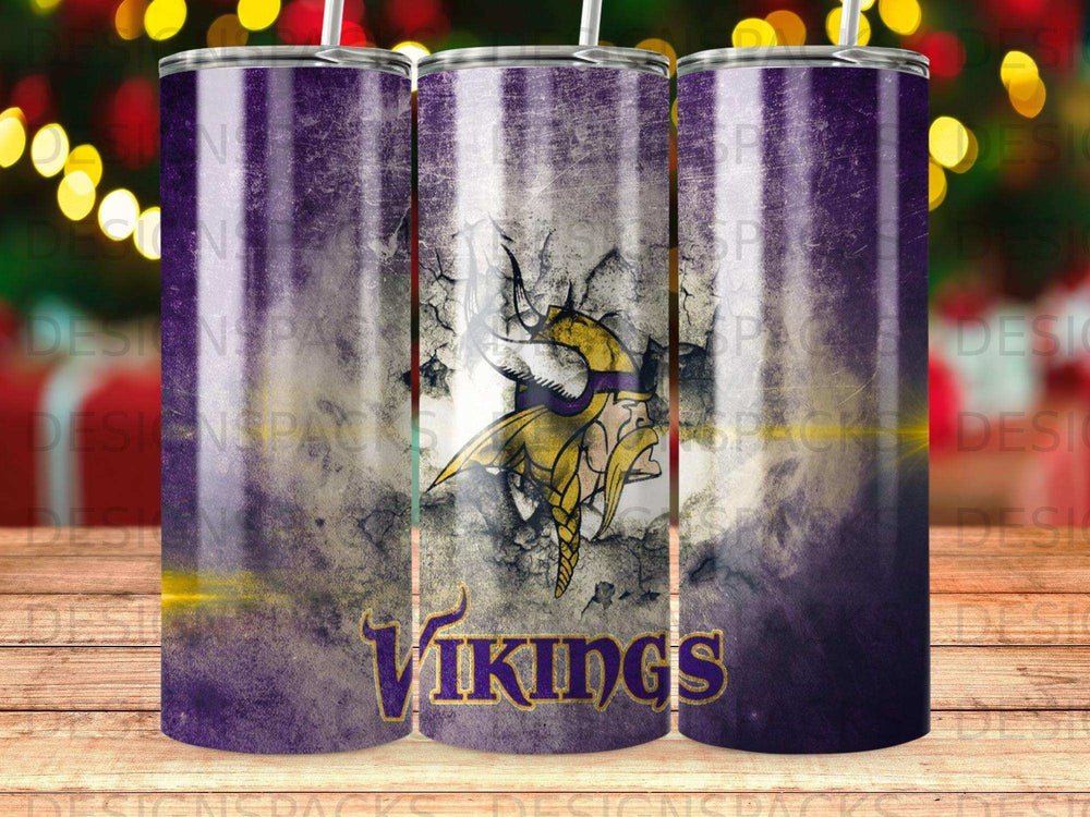 Minnesota Vikings logo on a cracked purple and gold textured tumbler.