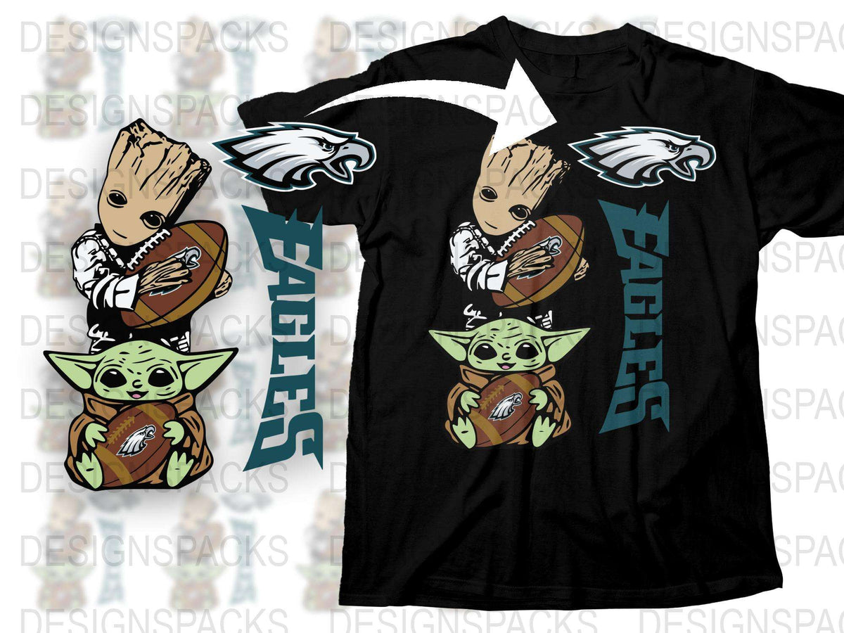 Philadelphia Eagles Themed T-Shirt with Baby Yoda and Groot Graphics, Unisex Football Fans Apparel