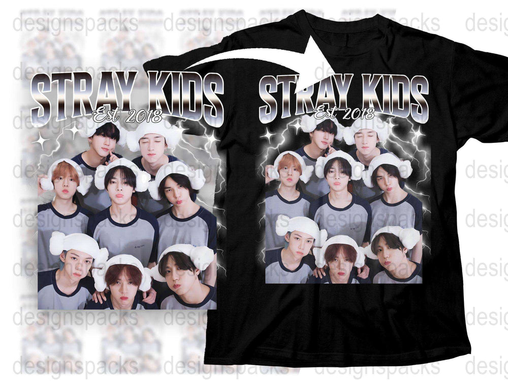 Stray Kids Band Graphic T-Shirt, K-Pop Music Group, Unisex Cotton Tee, Fan Merch, 2018 Debut Year, Black Shirt with White Text