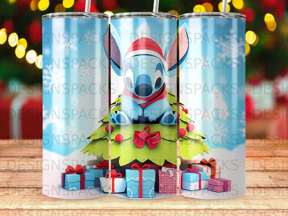 Stitch wearing Santa hat sits in a Christmas tree with presents below.