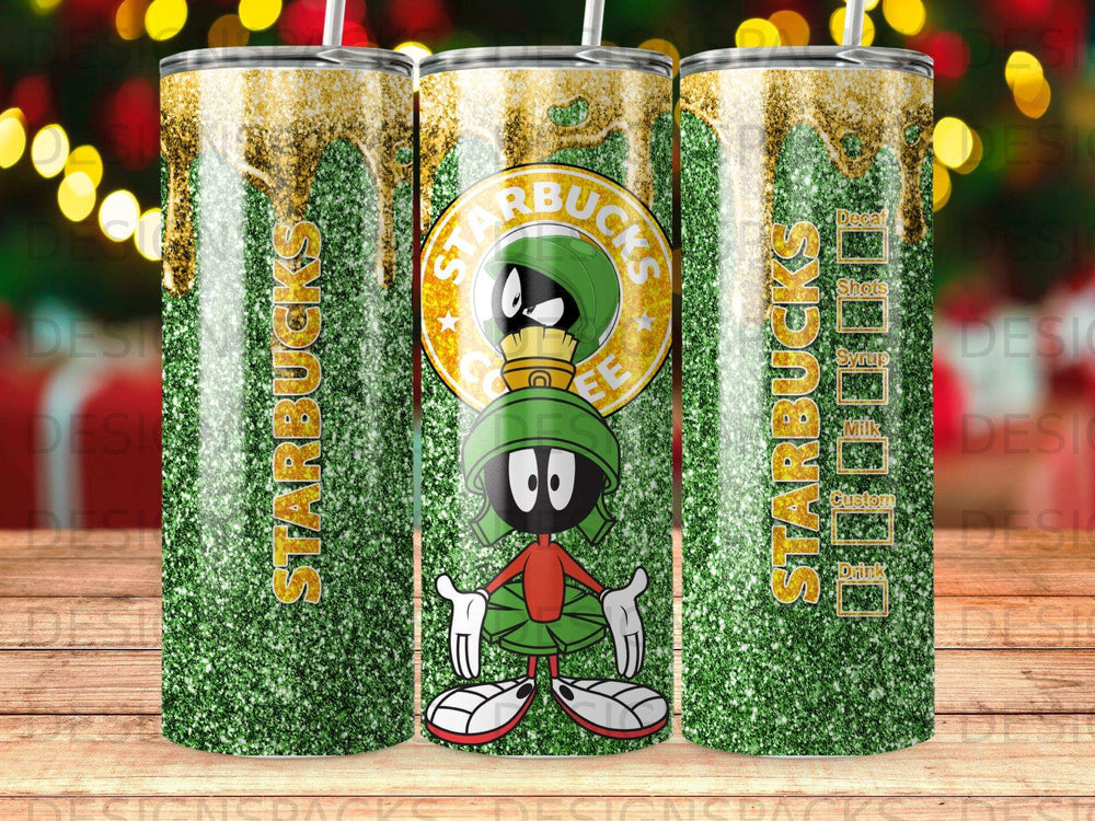 Starbucks tumbler with glitter and Marvin the Martian graphic.