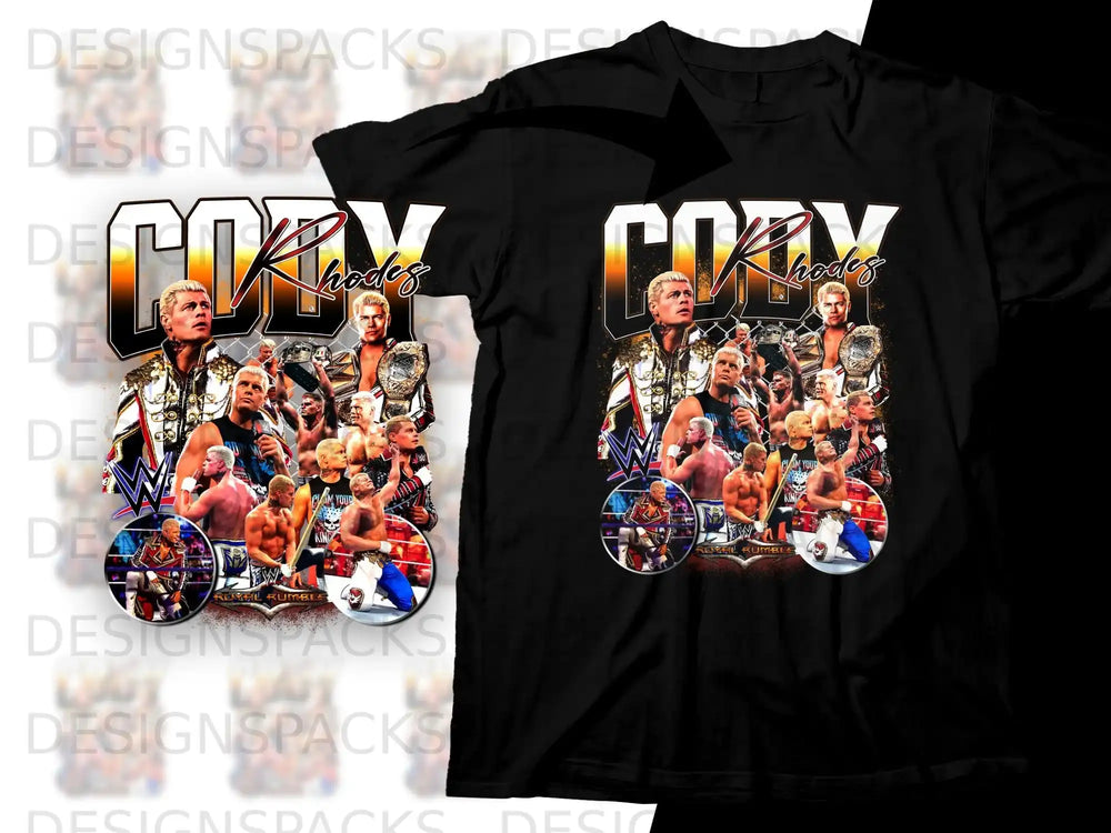 Cody Rhodes collage with championship belts and "Royal Rumble" text on black t-shirt.
