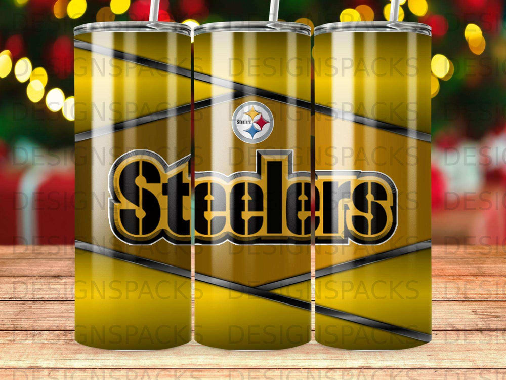 Pittsburgh Steelers logo on a gold and black tumbler with multiple cups.