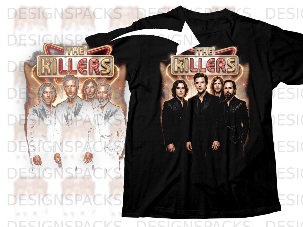 Black t-shirt with "The Killers" band logo and four band members.