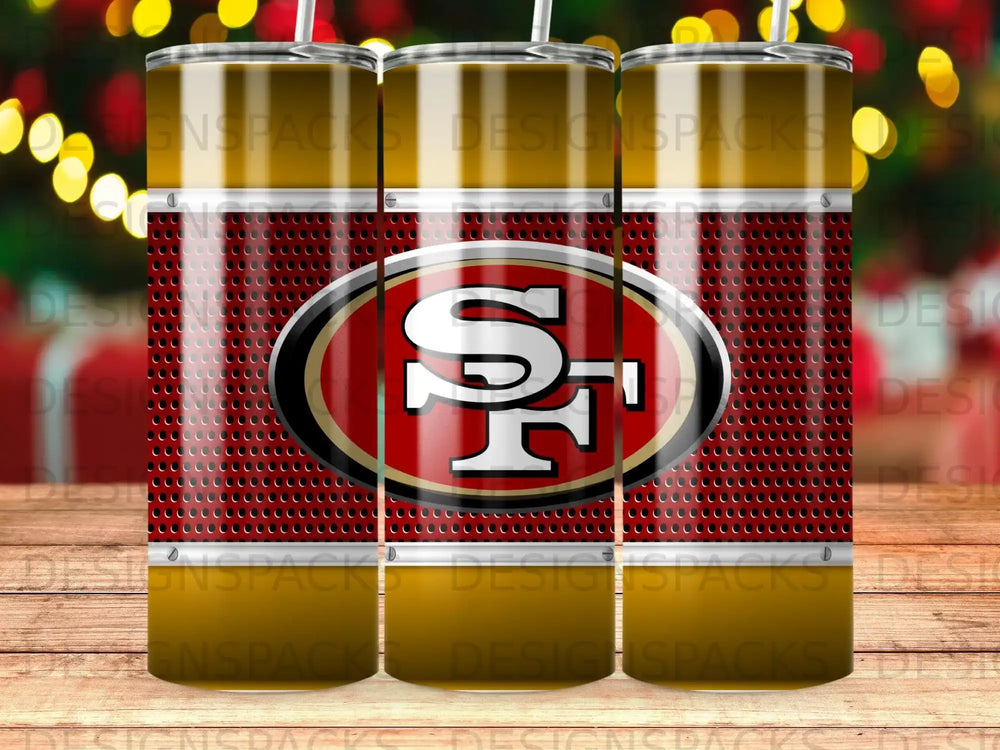San Francisco 49ers logo on a red and gold textured tumbler.