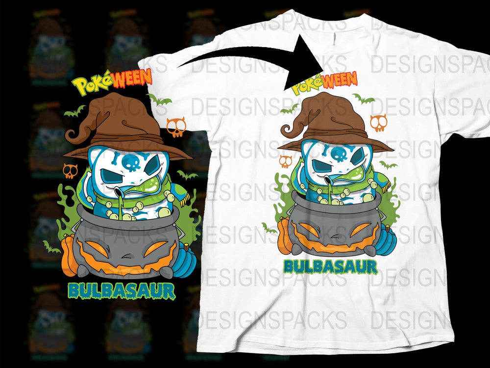 Pokeween Bulbasaur T-Shirt, Halloween Pokemon Anime Graphic Tee, Kids and Adult Sizes