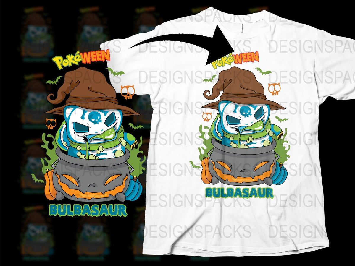 Pokeween Bulbasaur T-Shirt, Halloween Pokemon Anime Graphic Tee, Kids and Adult Sizes