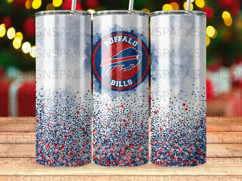 Buffalo Bills logo on a sparkly tumbler with red and blue glitter.