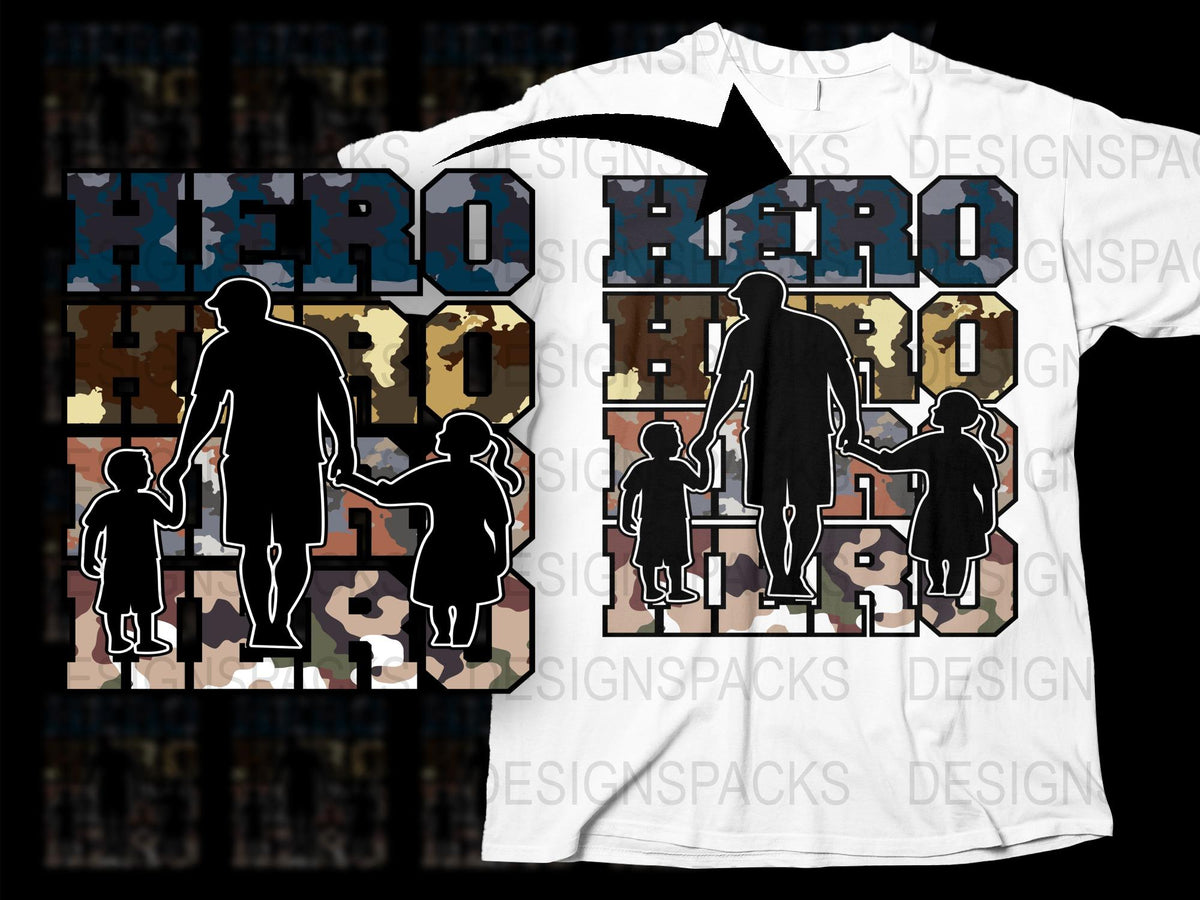 Hero Dad T-Shirt, Father and Children Walking, Family Silhouette, Pixel Art Graphic Tee, Unique Gift for Fathers