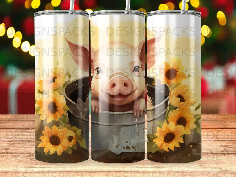 Pig in bucket with sunflowers, wrapped around a tumbler.