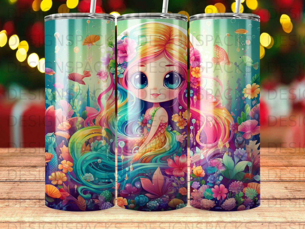 Mermaid with colorful flowing hair and underwater flora.