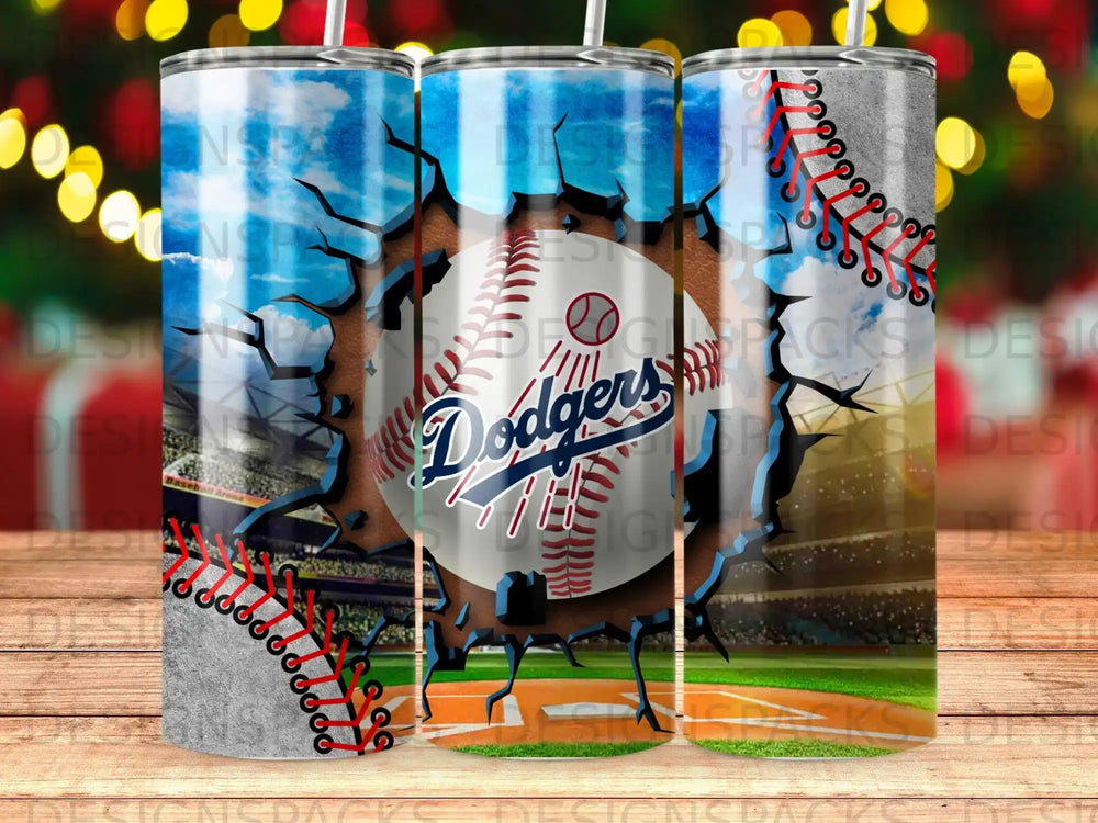Los Angeles Dodgers baseball with stadium background and cracked concrete effect.