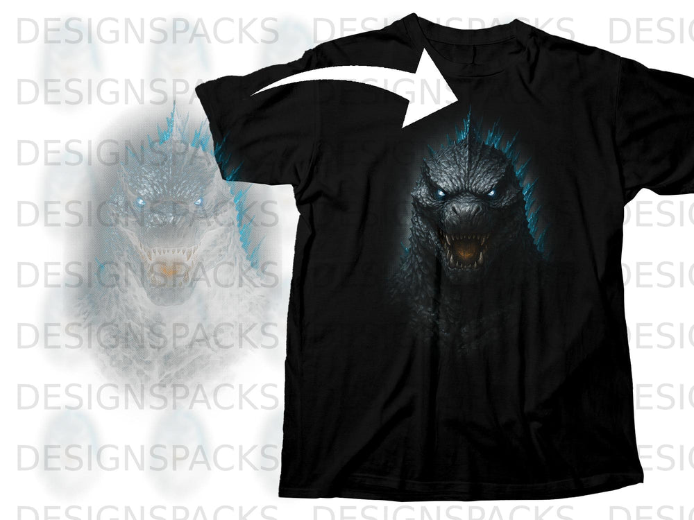 Black t-shirt with a detailed, fearsome Godzilla design and a white arrow.