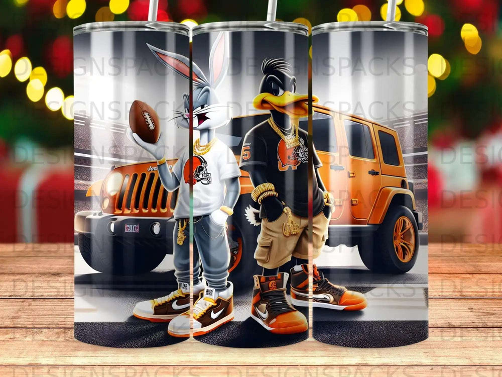 Bugs Bunny and Daffy Duck wear streetwear next to an orange Jeep.