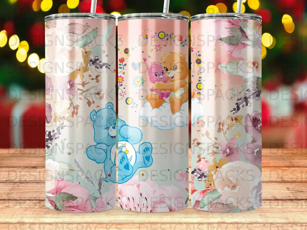 Care Bear on cloud with flowers on a tumbler.