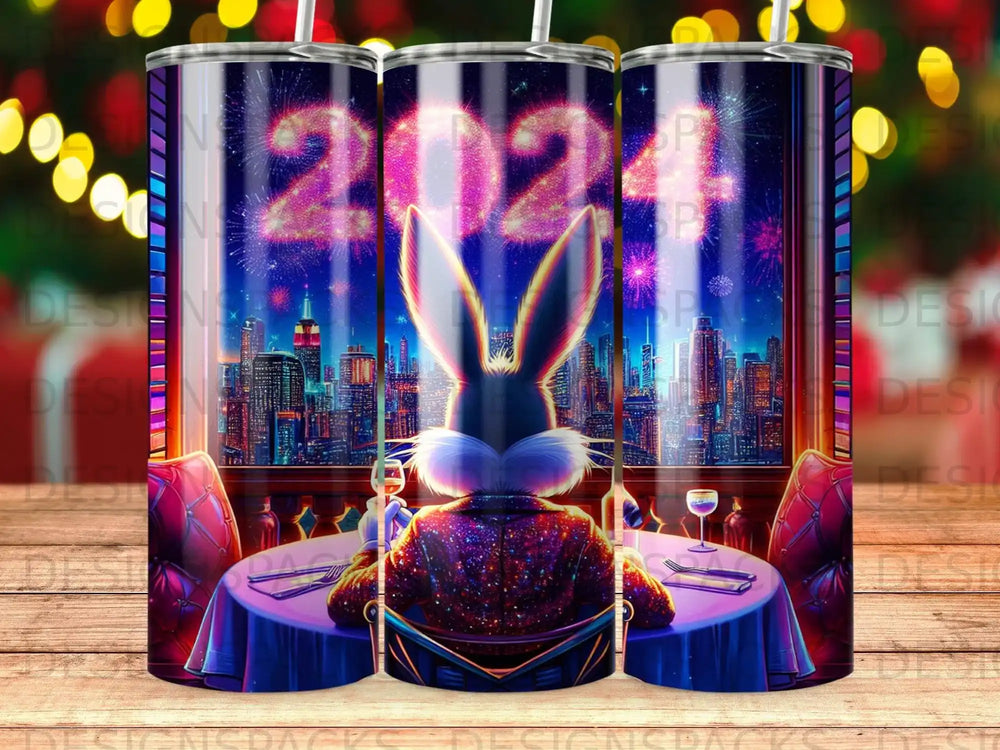 Rabbit in sequined jacket at a table, New Year's Eve fireworks over city skyline.