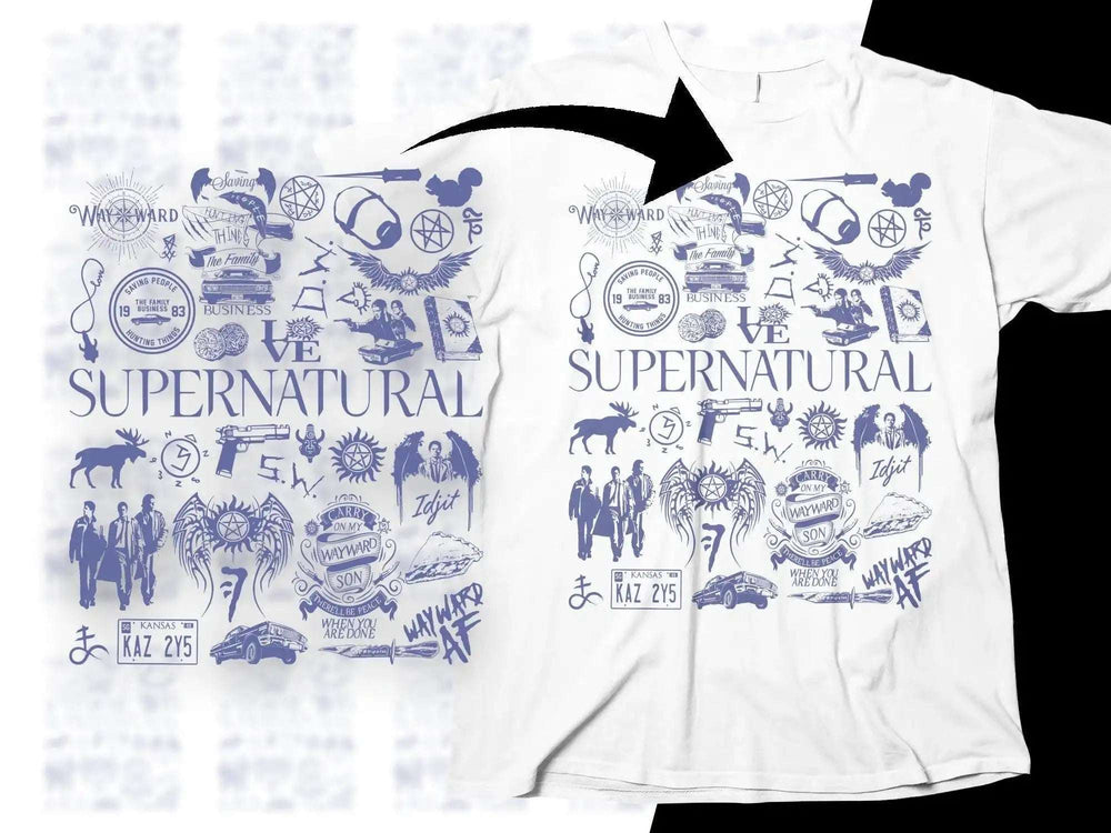 Supernatural-themed t-shirt with iconic symbols, characters, and quotes in blue print on white fabric.