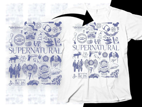Supernatural-themed t-shirt with iconic symbols, characters, and quotes in blue print on white fabric.