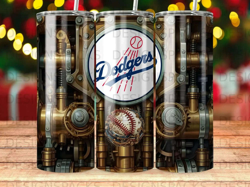 Dodgers logo with baseball on a steampunk-style tumbler.