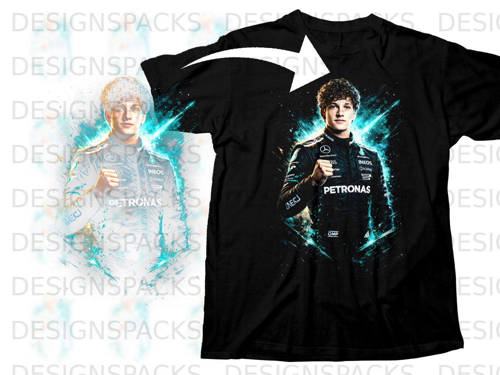 Black t-shirt featuring a stylized portrait of a male racer with logos.
